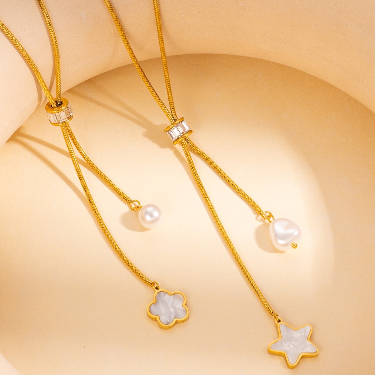 Long Stainless Steel Chain Necklace Pearl Flower Pendant Necklace Adjustable Necklace Jewelry 216045084669