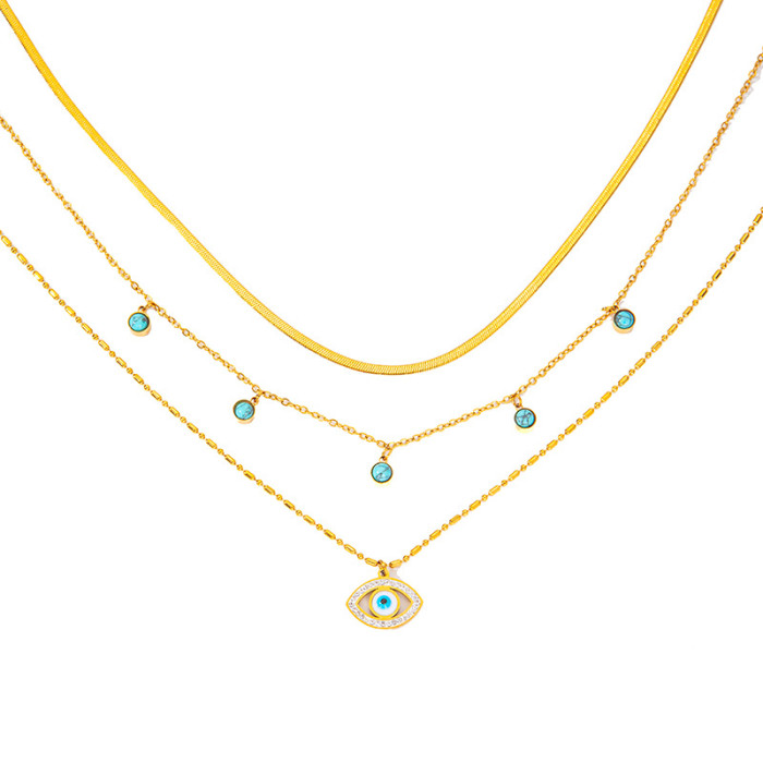 Multi-layer Chain Turquoise Turkish Evil Eye Stainless Steel Statement Collar Necklace Fashion Ethnic Style Jewelry for Women