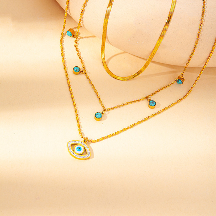 Multi-layer Chain Turquoise Turkish Evil Eye Stainless Steel Statement Collar Necklace Fashion Ethnic Style Jewelry for Women
