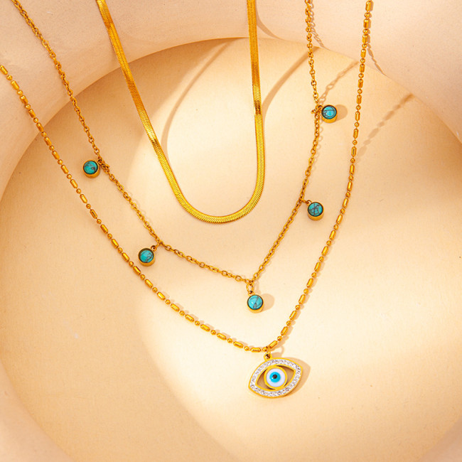 Multi-layer Chain Turquoise Turkish Evil Eye Stainless Steel Statement Collar Necklace Fashion Ethnic Style Jewelry for Women