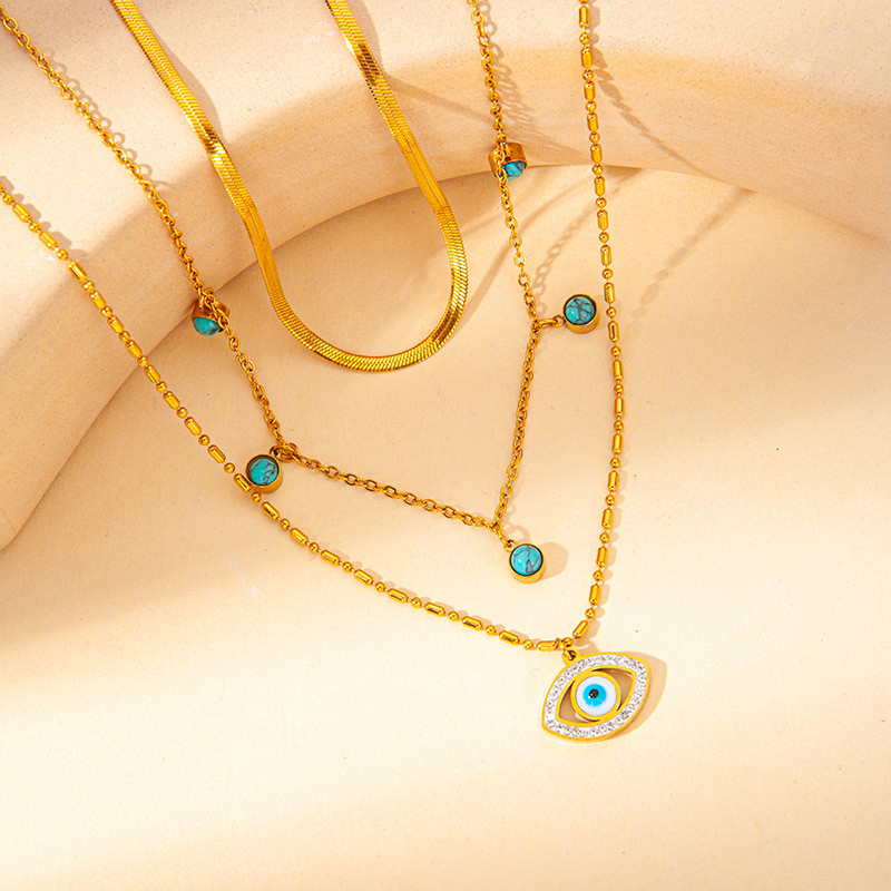Multi-layer Chain Turquoise Turkish Evil Eye Stainless Steel Statement Collar Necklace Fashion Ethnic Style Jewelry for Women