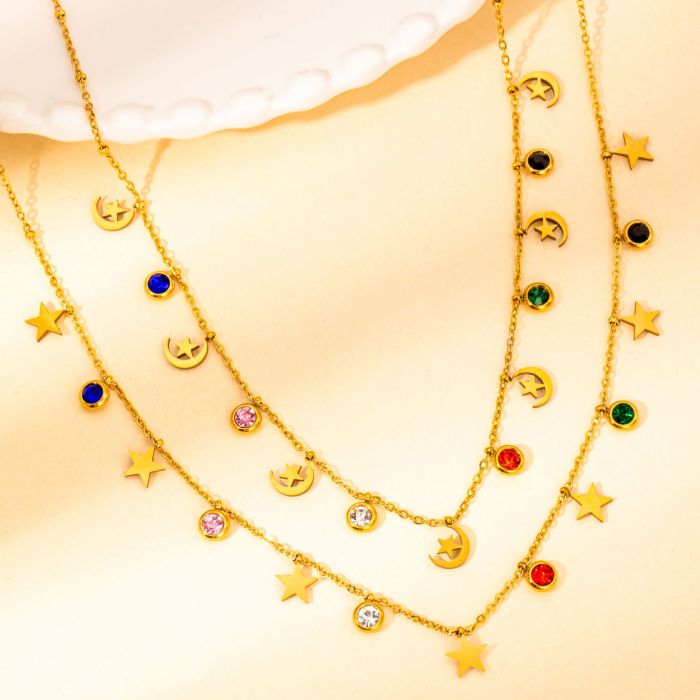 Bohemia Titanium Stainless Steel Moon Star Choker Necklace for Women Girls Original Design Link Chain Necklace