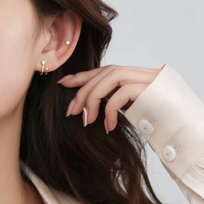 Minimalist Double Layer Star Geometric Stud Earring for Women Anti-Allergy Tiny Ear Pin Fine Jewelry