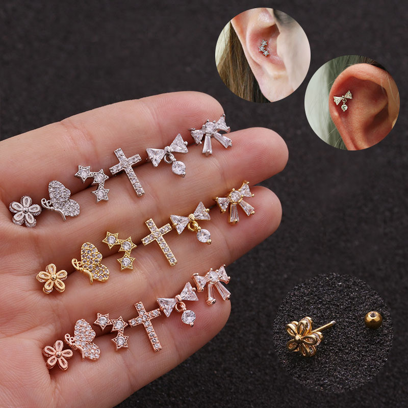 Gold Plated Cross Butterfly Star Tragus Piercing Stud Earring for Women Cz Ear Studs Cartilage Earring Jewelry Gifts