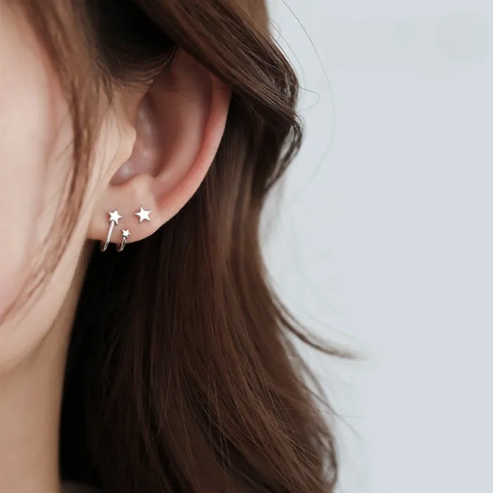 Minimalist Double Layer Star Geometric Stud Earring for Women Anti-Allergy Tiny Ear Pin Fine Jewelry