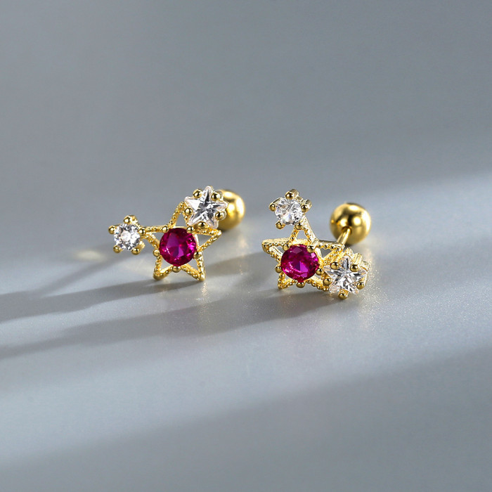 Minimalist Rose Red Color Zircon Hoop Earrings for Women Simple INS Flower Earings Jewelry