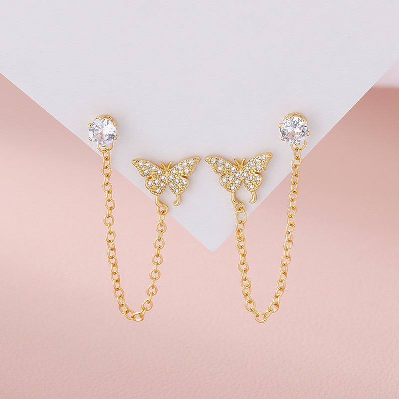 Fashion 18K Gold Plated Butterfly Stud Earrings for Women Double Studs Link Chain Tassel Piercing Earring