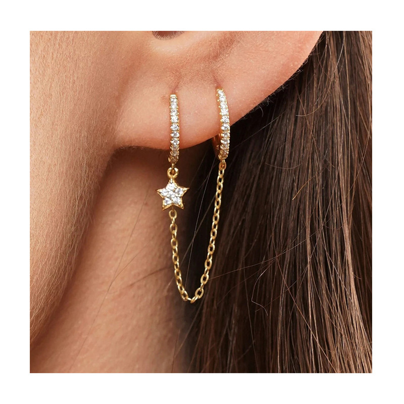 Gold Plated Link Chain Hoop Earrings for Women Long Tassel Double Circle Star Earrings Fashion Jewelry Gift