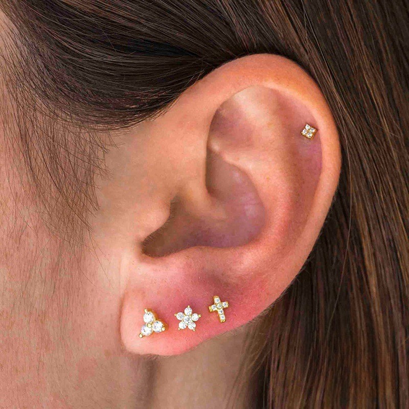 Cross Cartilage Ear Stud Stainless Steel Plated 18k Gold Cz Earrings Women'S Ear Piercing Jewelry