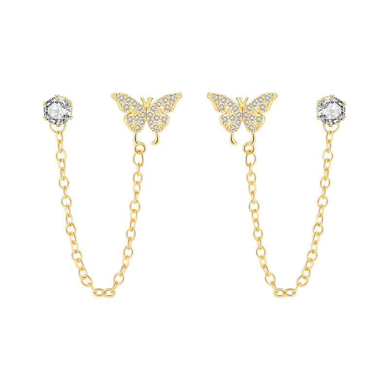 Fashion 18K Gold Plated Butterfly Stud Earrings for Women Double Studs Link Chain Tassel Piercing Earring