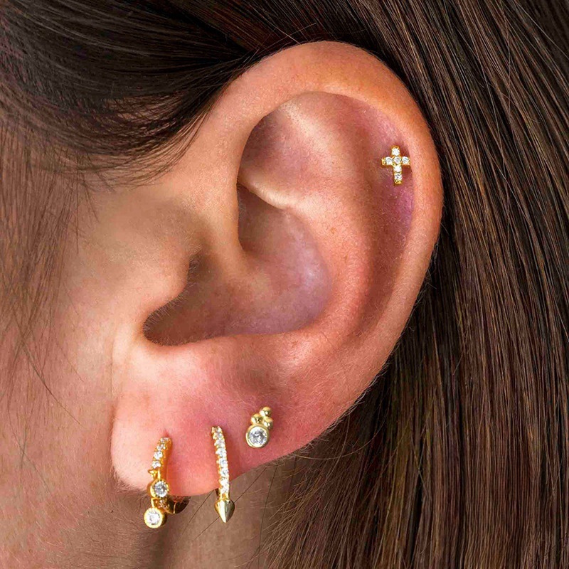 Cross Cartilage Ear Stud Stainless Steel Plated 18k Gold Cz Earrings Women’S Ear Piercing Jewelry