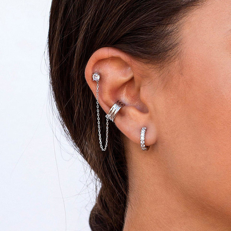 Trendy Double Pierced Chain Earrings for Women Korean Zircon Piercing Studs Earrings Fashion Jewelry