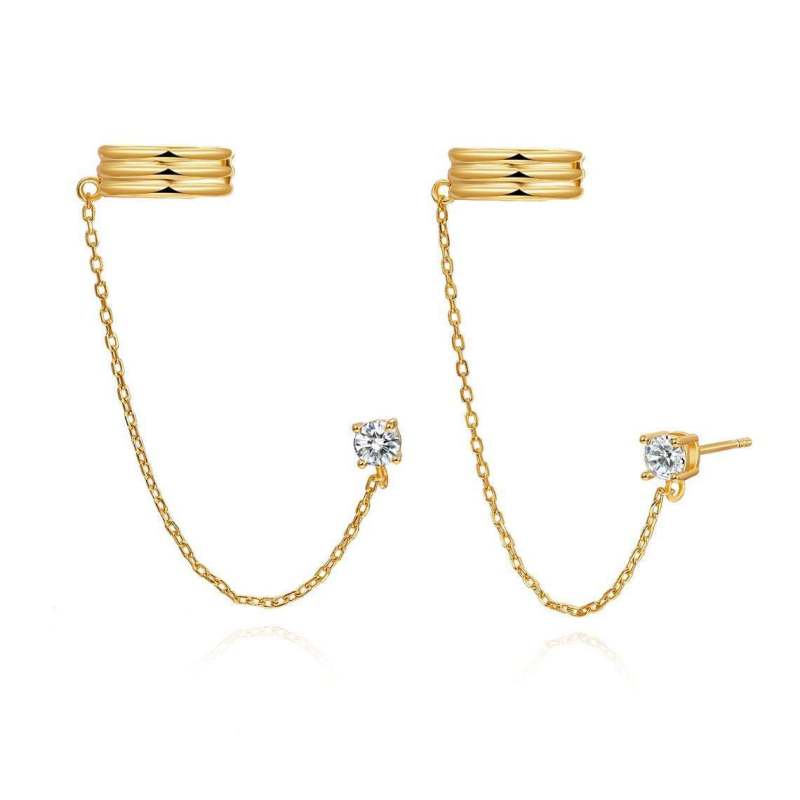 Trendy Double Pierced Chain Earrings for Women Korean Zircon Piercing Studs Earrings Fashion Jewelry