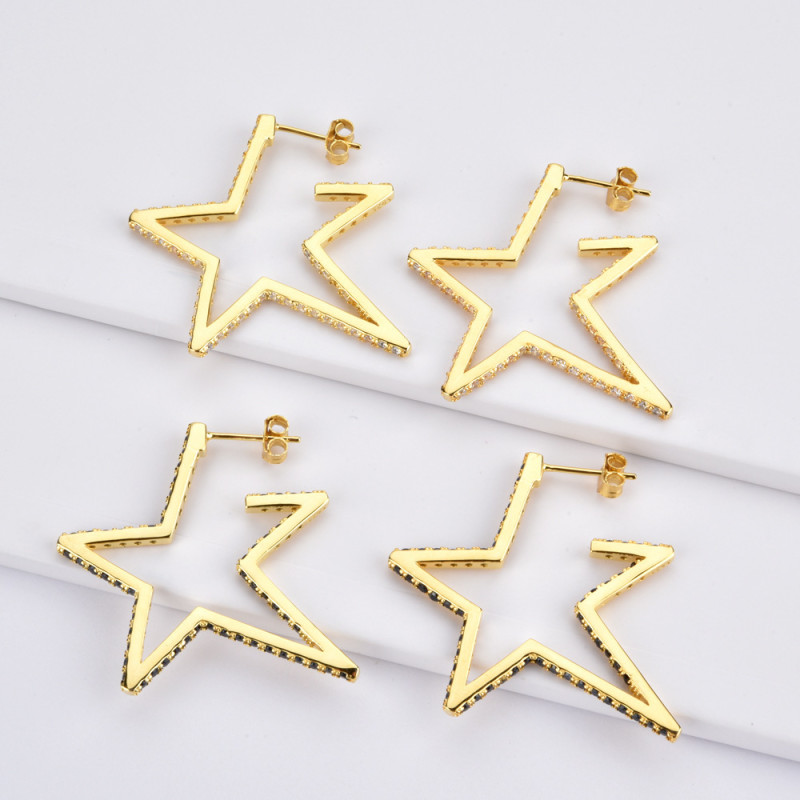 Gold Plated Star Earrings Female Black Diamond Simple Earrings Zircon Five-Pointed Star Earrings Jewelry Ins Style