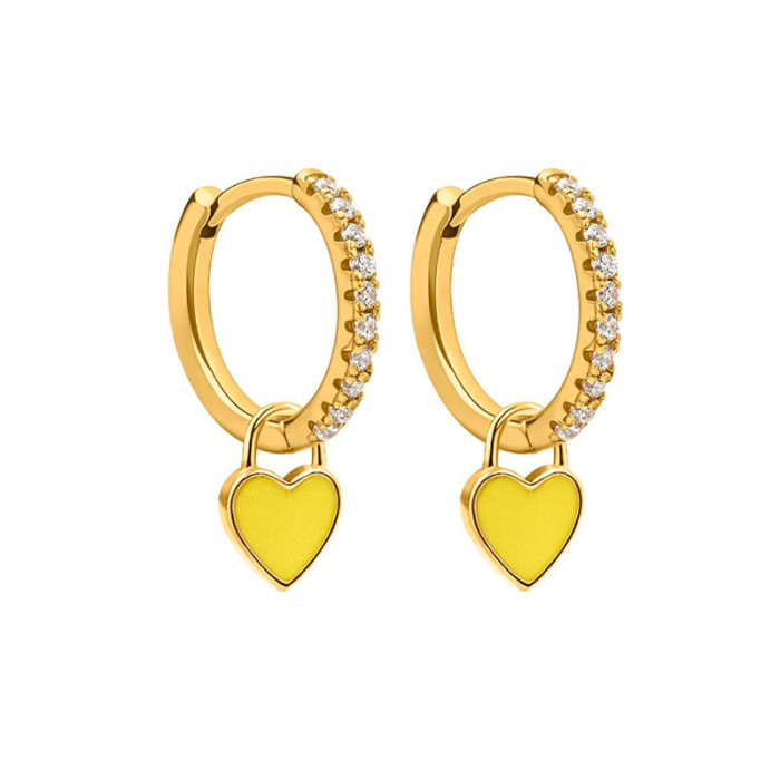 Vintage Enamel CZ Love Heart Huggies Colorful Crystal Dropping Oil Round Circle Gold Plated Hoop Earring for Women Small Jewelry