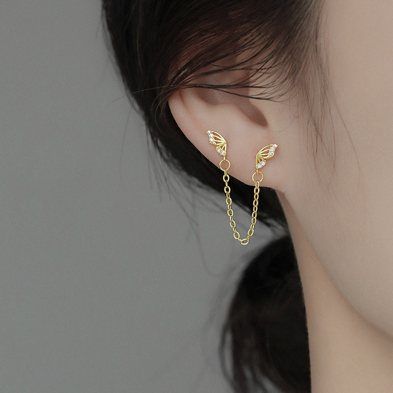 Chic Double Wing Chains Cartilage Srecw Back Stud Earring Ear Helix Piercing Jewelry