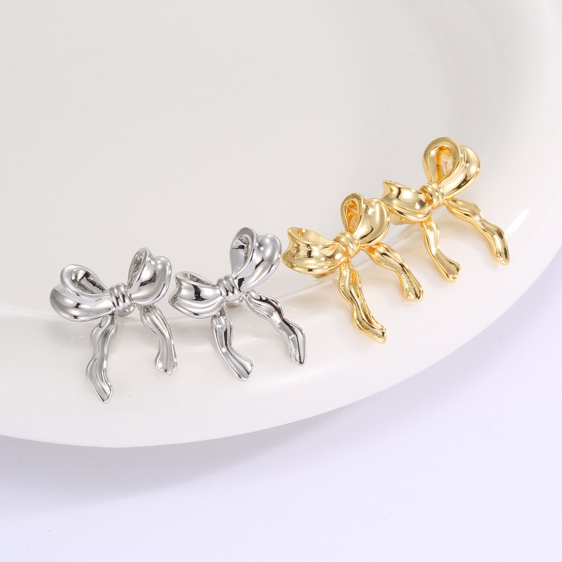 Elegant Ribbon Bow Earring for Women 18k Cute Gold Color Romantic Everyday Jewelry Gift