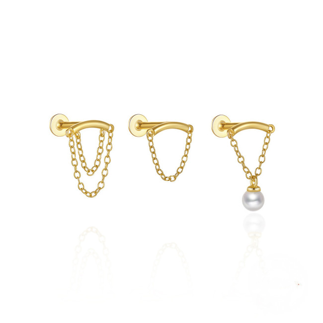 Chic Tassel Pearl Double Chain Pierced Drop Earring Girl Gold Plated Luxury Pierced Jewelry Accessories