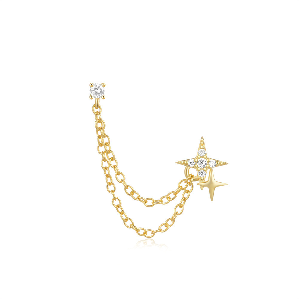 Double Star Zirconia Tassel Stud Earrings Double-Layered Chain Pendant Piercing Earrings Fine Jewelry