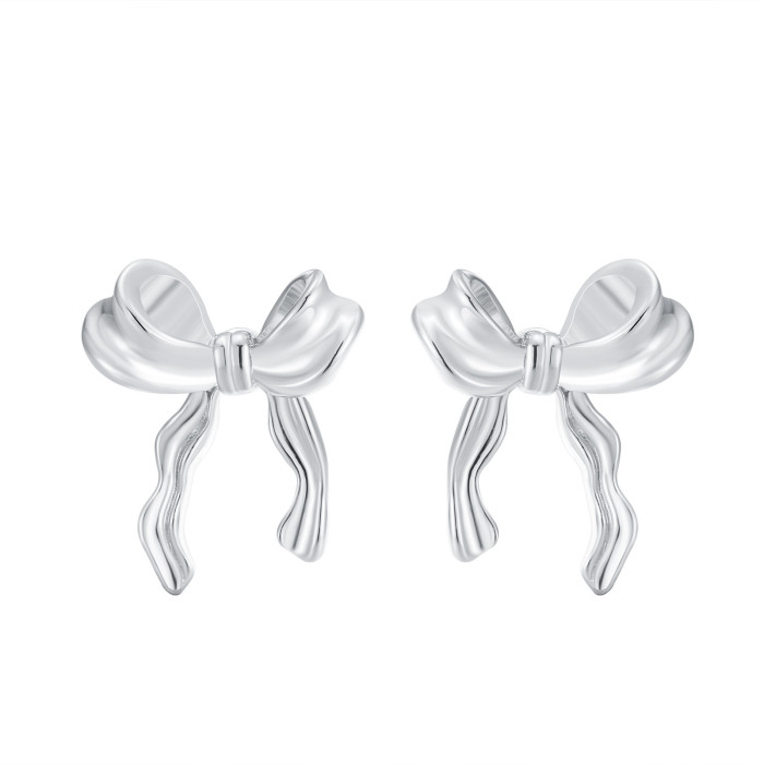 Elegant Ribbon Bow Earring for Women 18k Cute Gold Color Romantic Everyday Jewelry Gift