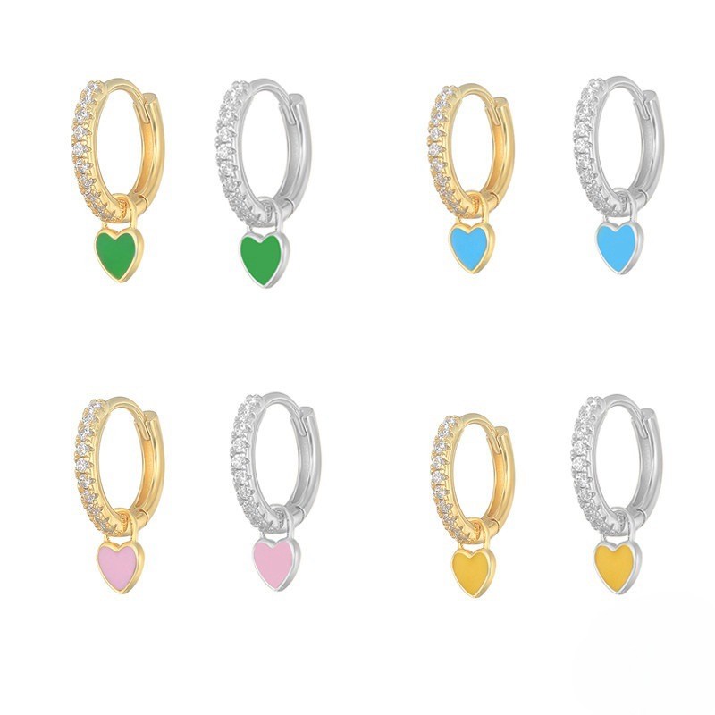 Vintage Enamel CZ Love Heart Huggies Colorful Crystal Dropping Oil Round Circle Gold Plated Hoop Earring for Women Small Jewelry