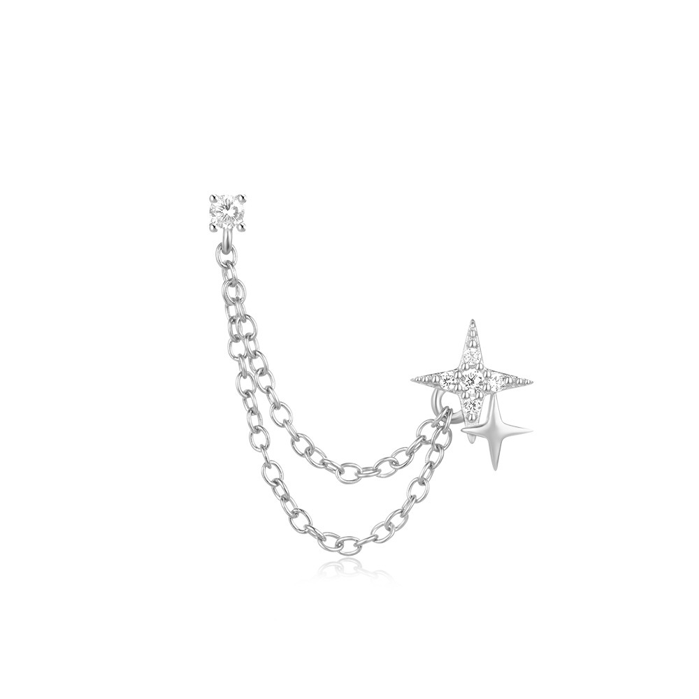 Double Star Zirconia Tassel Stud Earrings Double-Layered Chain Pendant Piercing Earrings Fine Jewelry