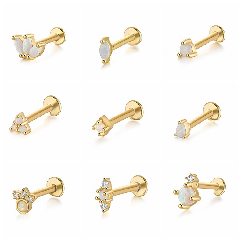 Stainless Steel Opal Minimal Piercing Earring for Women Exquisite Small Crown Ear Studs Cartilage Earring