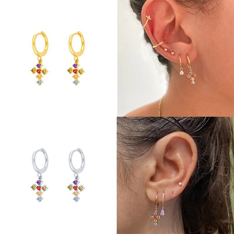 Cross Zircon Copper Gold Plated Earring for Women Drop Earrings 18K Gold Jewelry Wedding Party Accessory