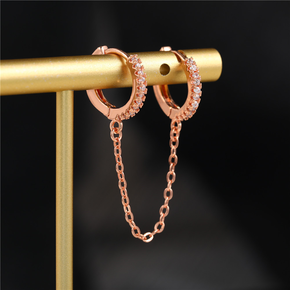 Trendy Double Pierced Chain Earrings for Women Korean Flower Zircon Piercing Studs Earrings Fashion Jewelry