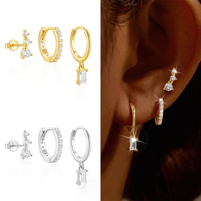 3PCS Set Four Claws Zircon Classic Hoop Earrings for Women Ins Earrings Fine Jewelry Gift