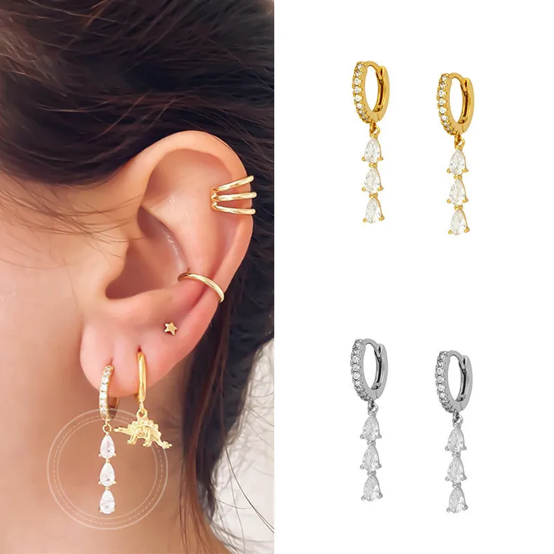 White Color Zircon Hoop Earrings Needle Water Drop Pendant Gold Earrings Luxury Jewelry