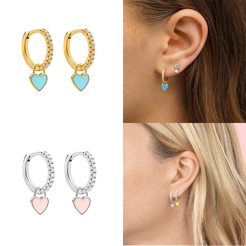 Vintage Enamel CZ Love Heart Huggies Colorful Crystal Dropping Oil Round Circle Gold Plated Hoop Earring for Women Small Jewelry3
