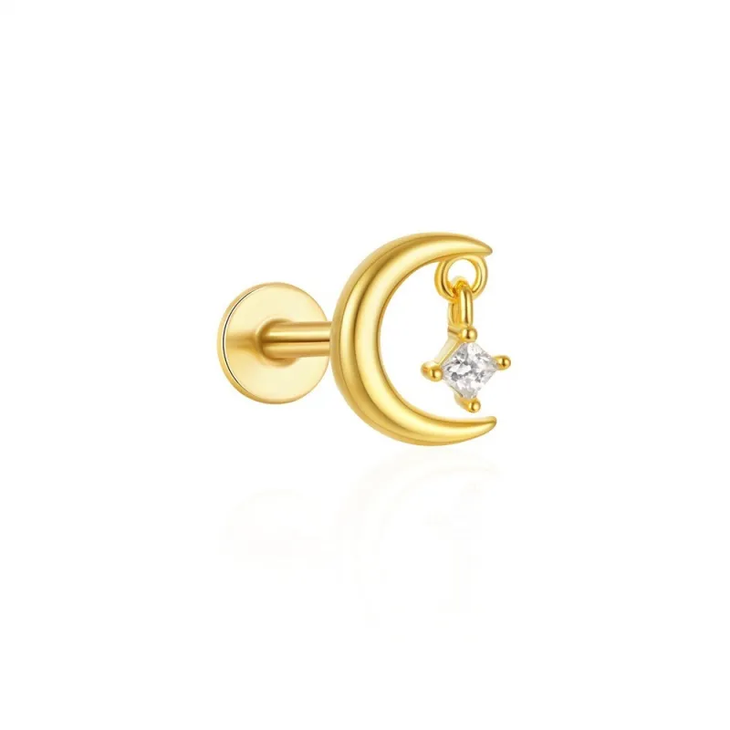 Moon Star CZ Zirconia Piercing Stud Earrings for Women K Gold Simple Elegant Jewelry Gift Pendiente