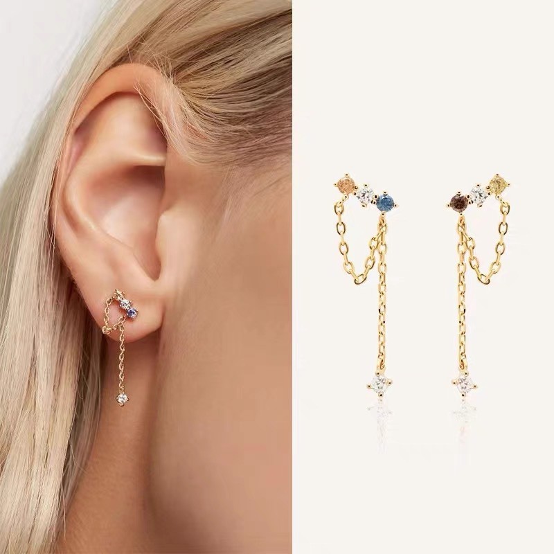 Colorful Diamond Tassel Earrings Asymmetric Earrings Korean Edition Temperament Earrings Simple Jewelry