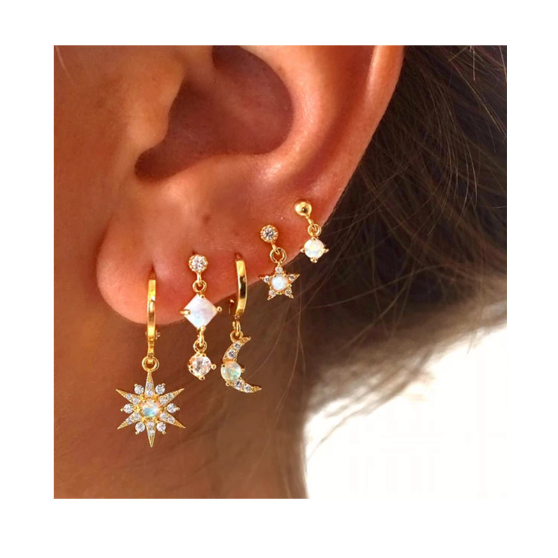 Chic Star Moon Zircon Opal Piercing Earrings for Women Sun Ear Buckle Earring Wedding Jewelry Gifts Pendientes