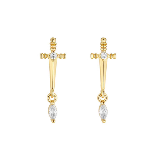 Chic Gold Plated Water Drop Zircon Sword Earrings New Fashionable and High-end Feeling Niche Earrings for Women