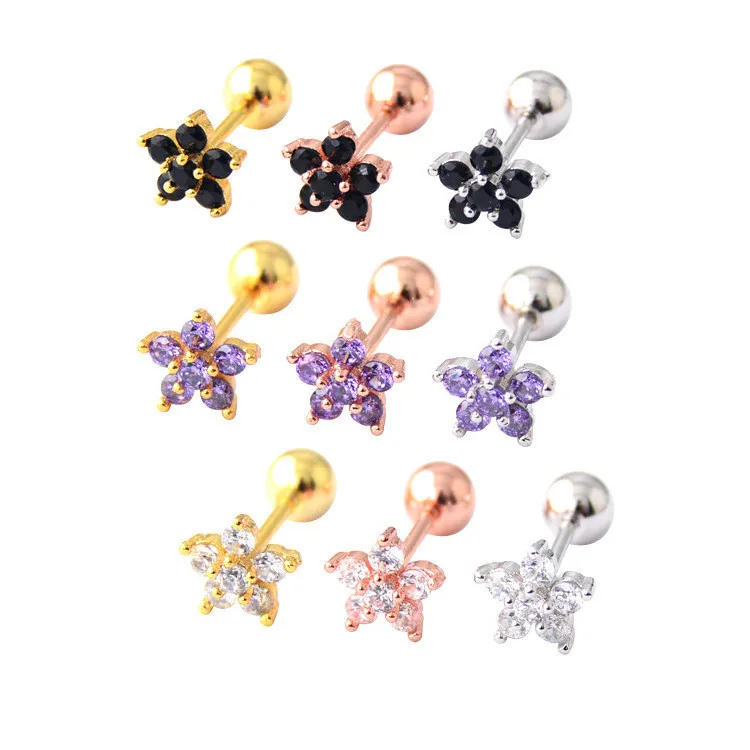 Trendy Crystal Flower Cartilage Earring Zircon Stud Earrings Cute Tragus Ear Stud Piercing Body Jewelry
