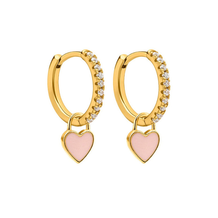 Vintage Enamel CZ Love Heart Huggies Colorful Crystal Dropping Oil Round Circle Gold Plated Hoop Earring for Women Small Jewelry