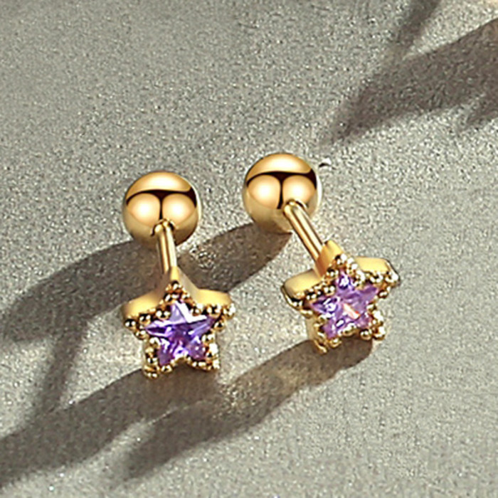 New Korean Tiny Birthstone Zircon Crystal Star Stud Earrings for Women Girl