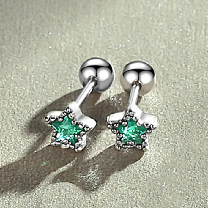 New Korean Tiny Birthstone Zircon Crystal Star Stud Earrings for Women Girl