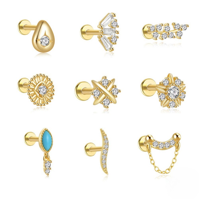 Flat Screw-Back Stud Earrings for Women Sparkling Micro-Paved Zirconia Simple and Versatile Fan-Shaped and Round Design Earring