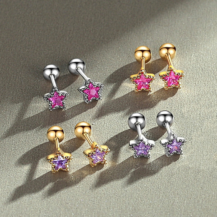 New Korean Tiny Birthstone Zircon Crystal Star Stud Earrings for Women Girl