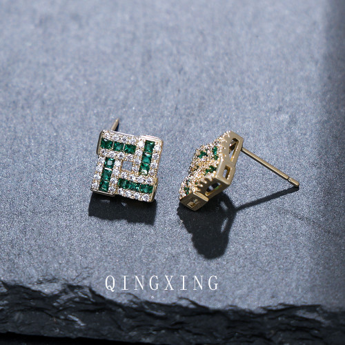 Light luxury design sense synthetic red orchid gem geometric square earrings pendant necklace high-quality color treasure set decorations