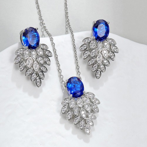 European and American light sherry spinel red corundum zircon set S925 silver needle earrings full diamond necklace banquet bridal set