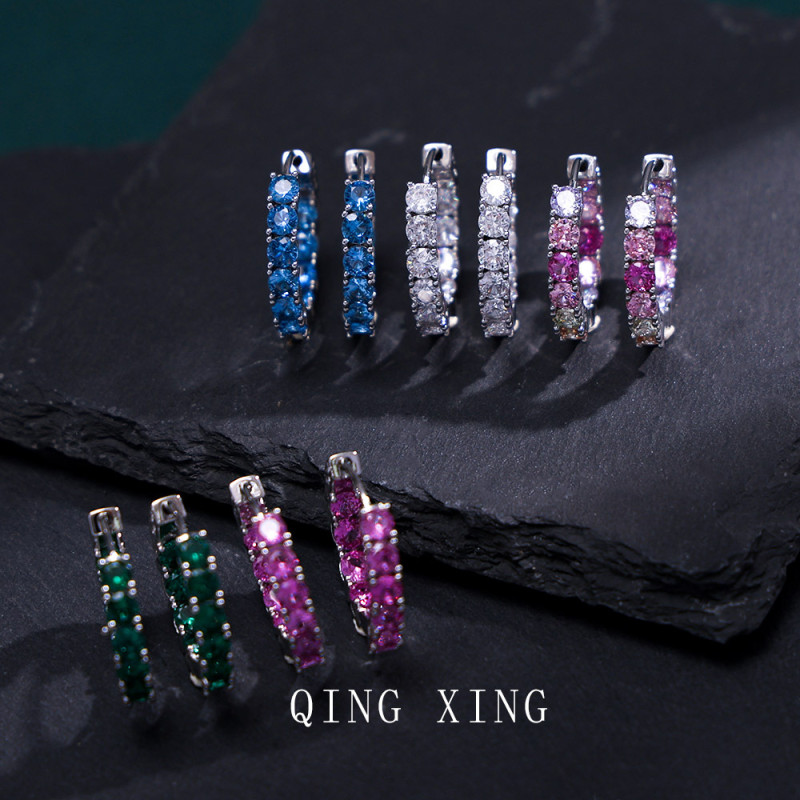 European and American fashion light luxury red corundum spinel zircon earrings synthetic color treasure light blue topaz circle ear buckle for women
