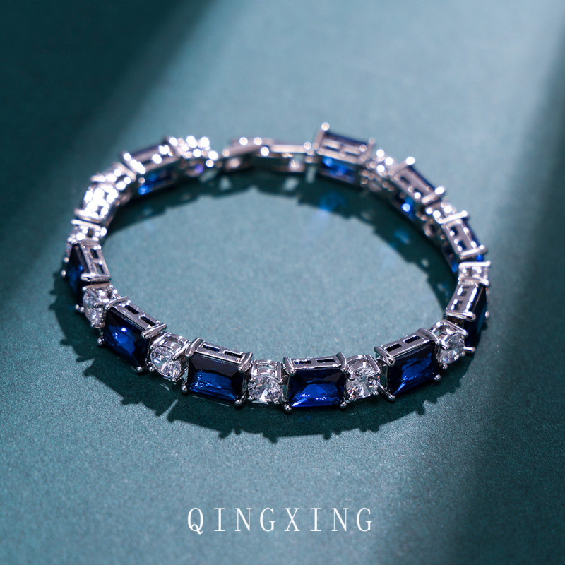 Light luxury fashion cross-border synthetic red sapphire single row full diamond bracelet high-end pigeon blood-red square diamond handpiece