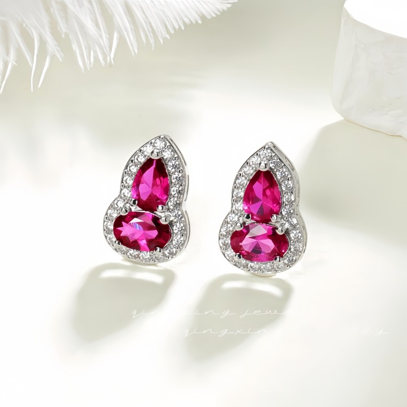 New Chinese style synthetic ruby ​​orchid spinel gourd earrings emerald nano zircon earrings fashionable ancient style earrings