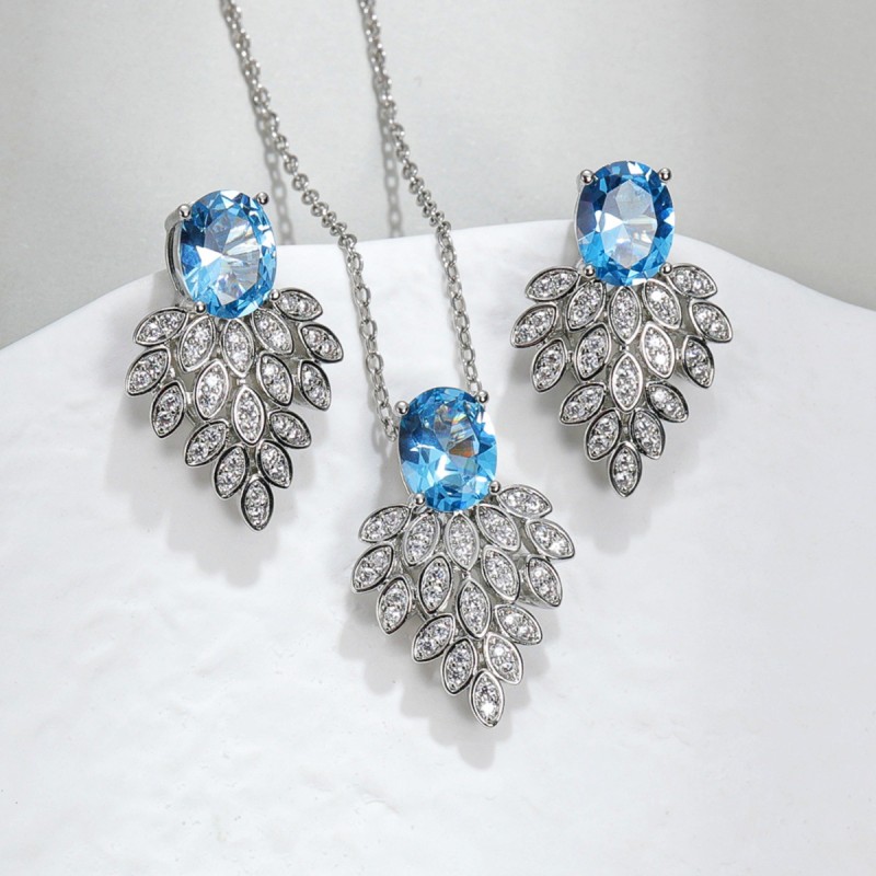European and American light sherry spinel red corundum zircon set S925 silver needle earrings full diamond necklace banquet bridal set