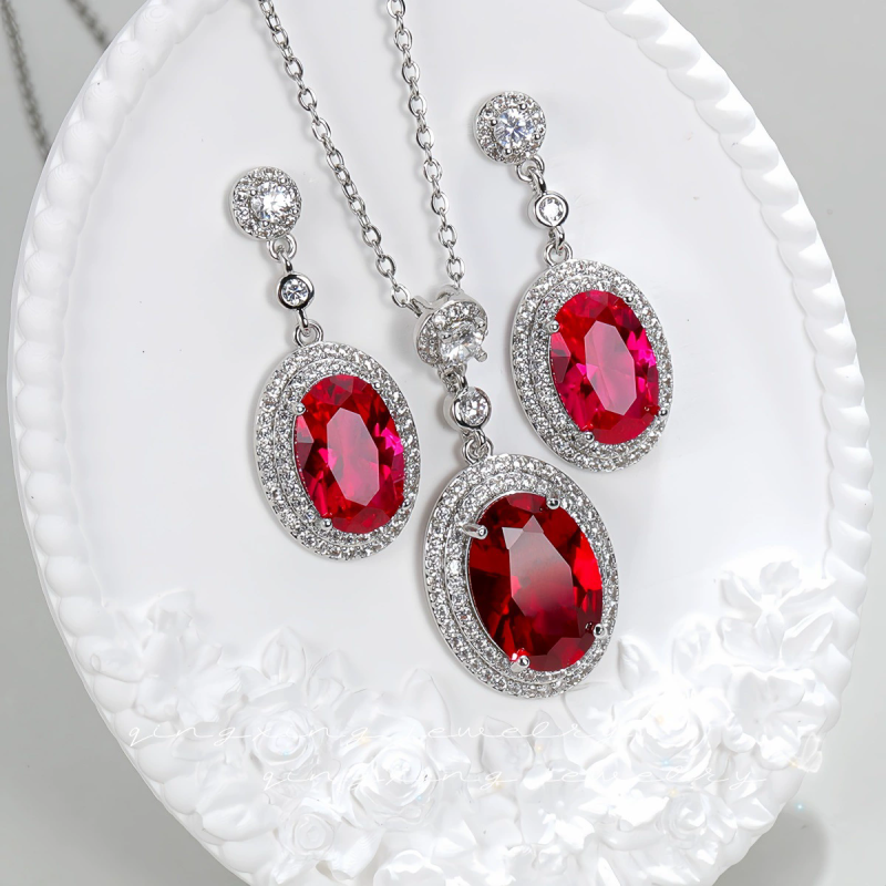 European and American fashion simulation ruby ​​paraiba jewelry two-piece set live broadcast hot selling full diamond zircon pendant earrings