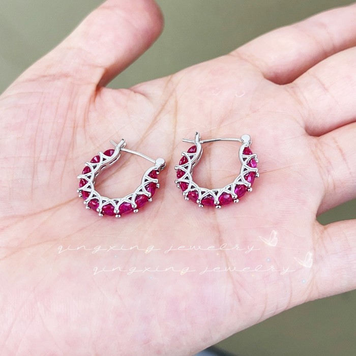 Fashion Ins Style Earrings French-style Full-inlaid Red Corundum Spinel Zircon Lace Earrings High-end U-shaped Earrin...